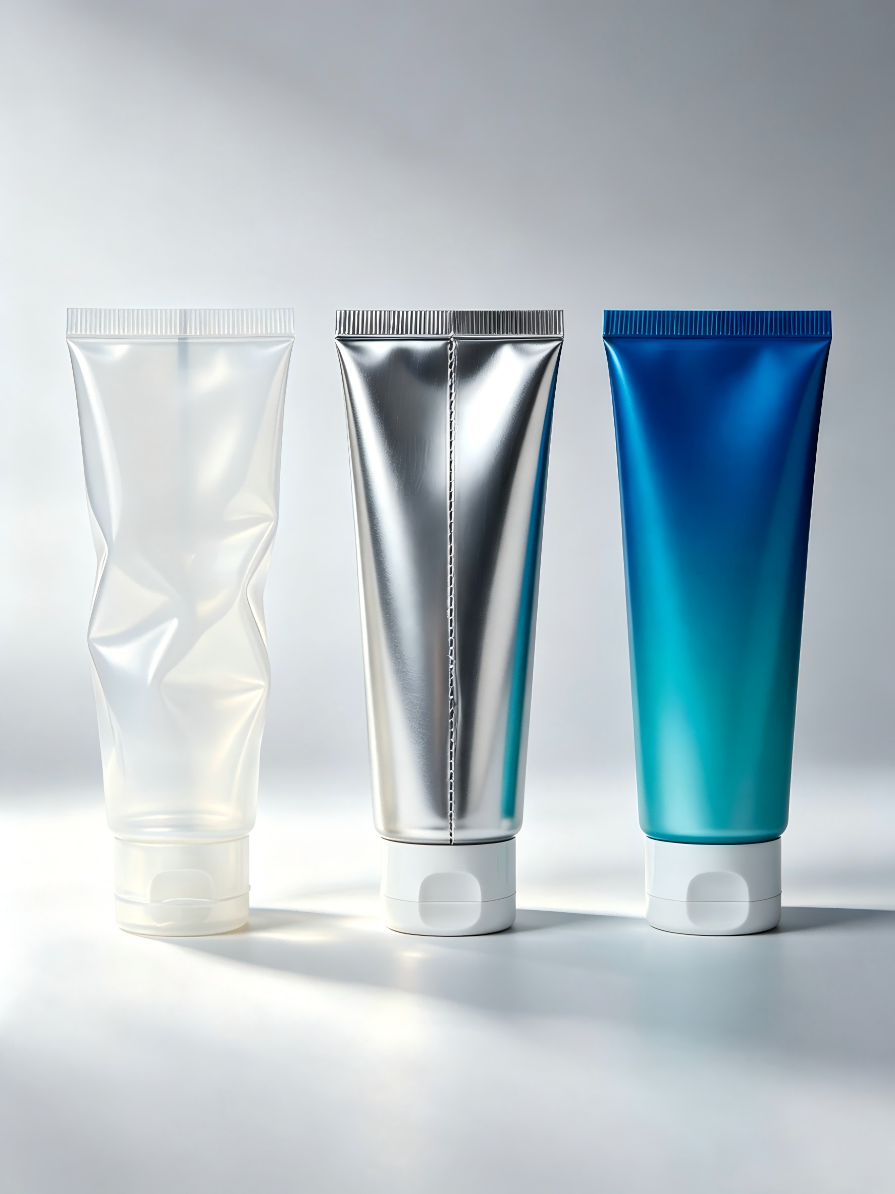 Three types of cosmetic squeeze tubes: frosted PE plastic squeeze tube, silver ABL laminated tube, gradient PBL cosmetic tube, empty skincare packaging for hand cream, facial cleanser and body lotion